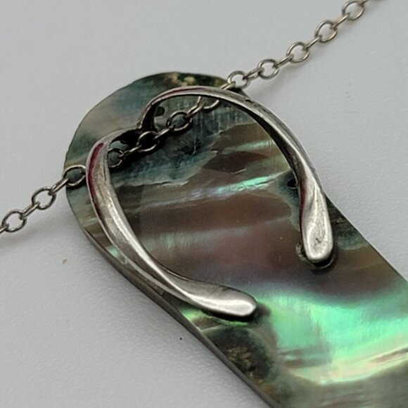 Vintage Sterling Silver Mother Or Pearl Flip Flops Necklace 18" Spring Ring - Picture 3 of 7